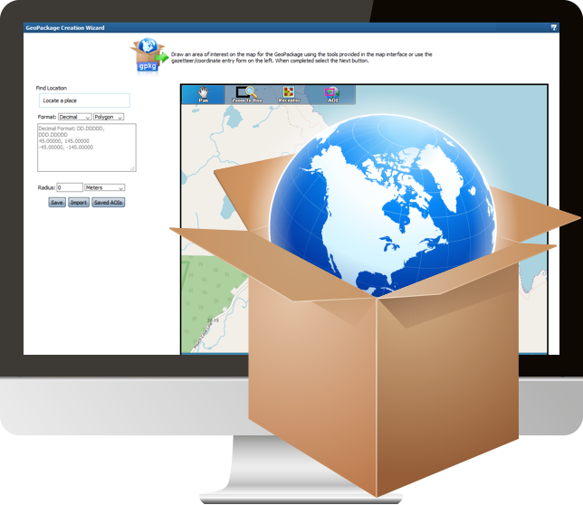 geopackage icon in front of monitor displaying WES