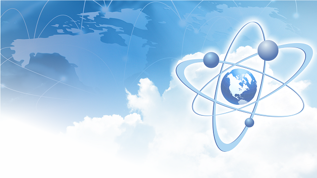 atom with a globe at the center on a blue sky background