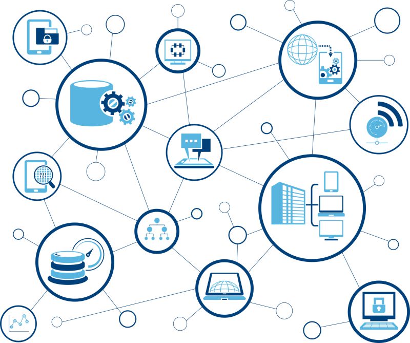 multiple computer based icons connected by lines