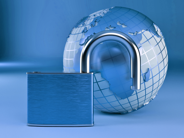 padlock in front of a globe on a blue background